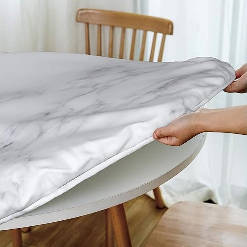 Miniatura 5 de Fiokroo Mantel con textura de mármol blanco con borde elástico, mantel redondo, lavable, reutilizable, para cocina, comedor, fiesta, picnic, mediano