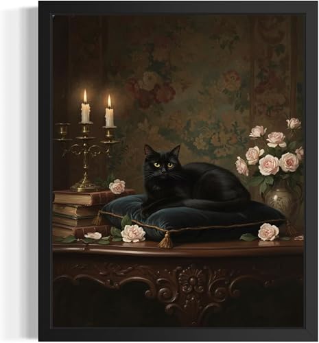 Cat Unframed Art Print Poster, Vintage Scenery Floral Dark A
