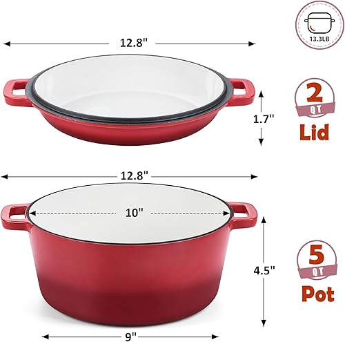 Miniatura 2 de TeamFar Horno holandés de hierro fundido esmaltado 2 en 1, olla holandesa de 5 cuartos de galón con tapa de sartén para hornear pan, estofado,