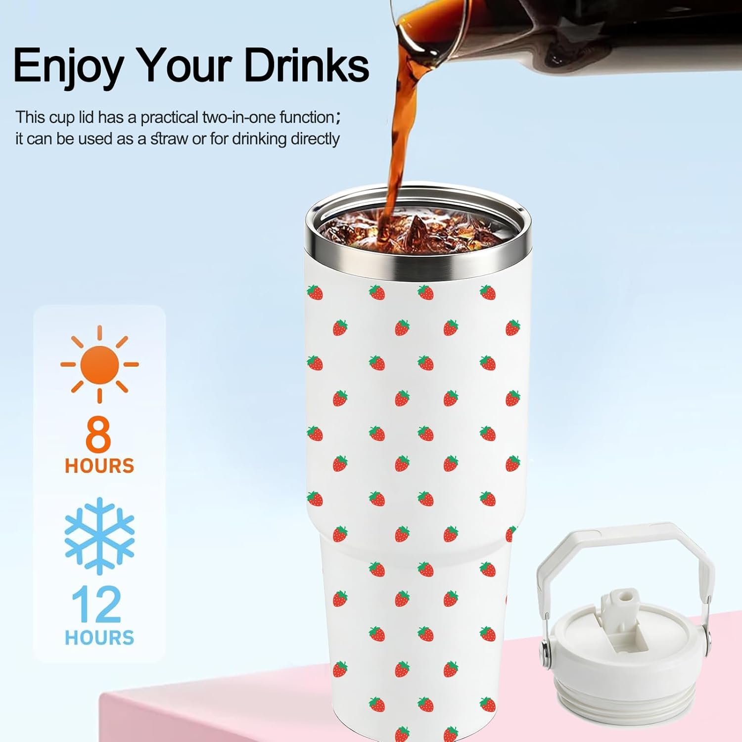 FOLAI Stainless Steel Insulated Water Bottle (4 pack), 30Oz Leak Proof Sublimation Tumblers for Hot Drinks with Wide Mouth Lids, BPA Free, Sport Bottles for Gym, Travel(Strawberry + Floral Pattern)