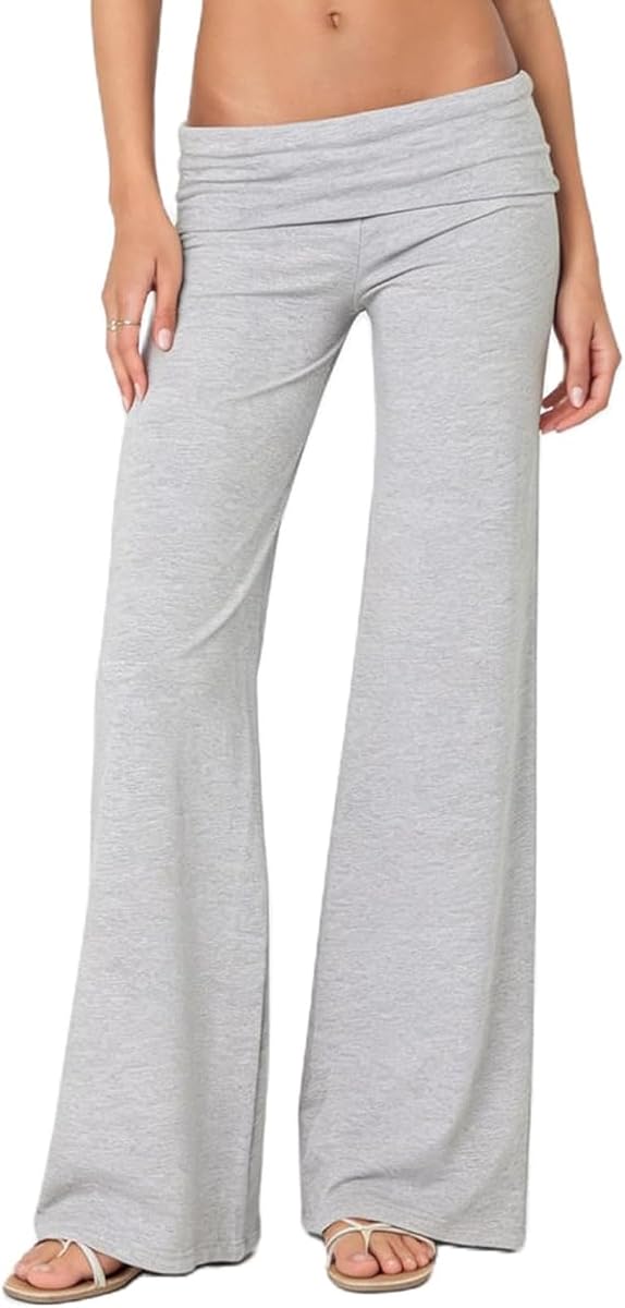 Women Fold Over Leggings Low Rise Wide Leg Flared Sweatpants Lounge Yoga Pants Back to School Clothes for Teens