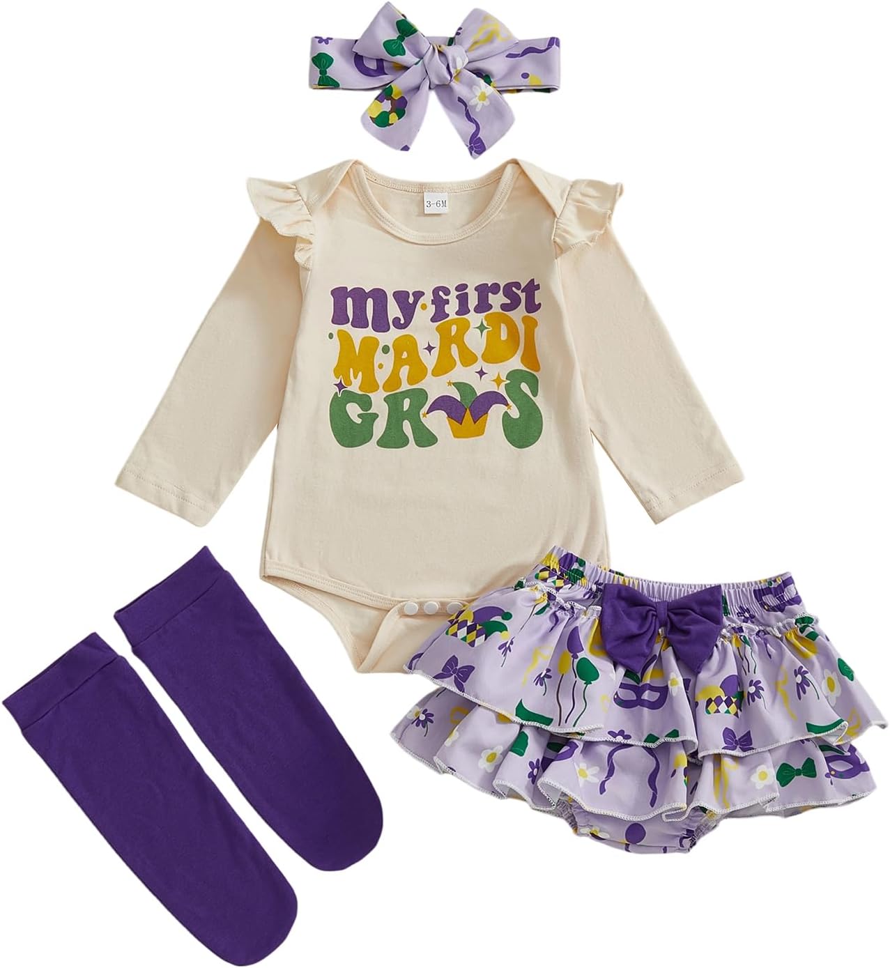 Bagilaanoe Newborn Baby Girl Mardi Gras Clothes Ruffle Long Sleeve Romper Tutu Skirt Leg Warmers Headband Set