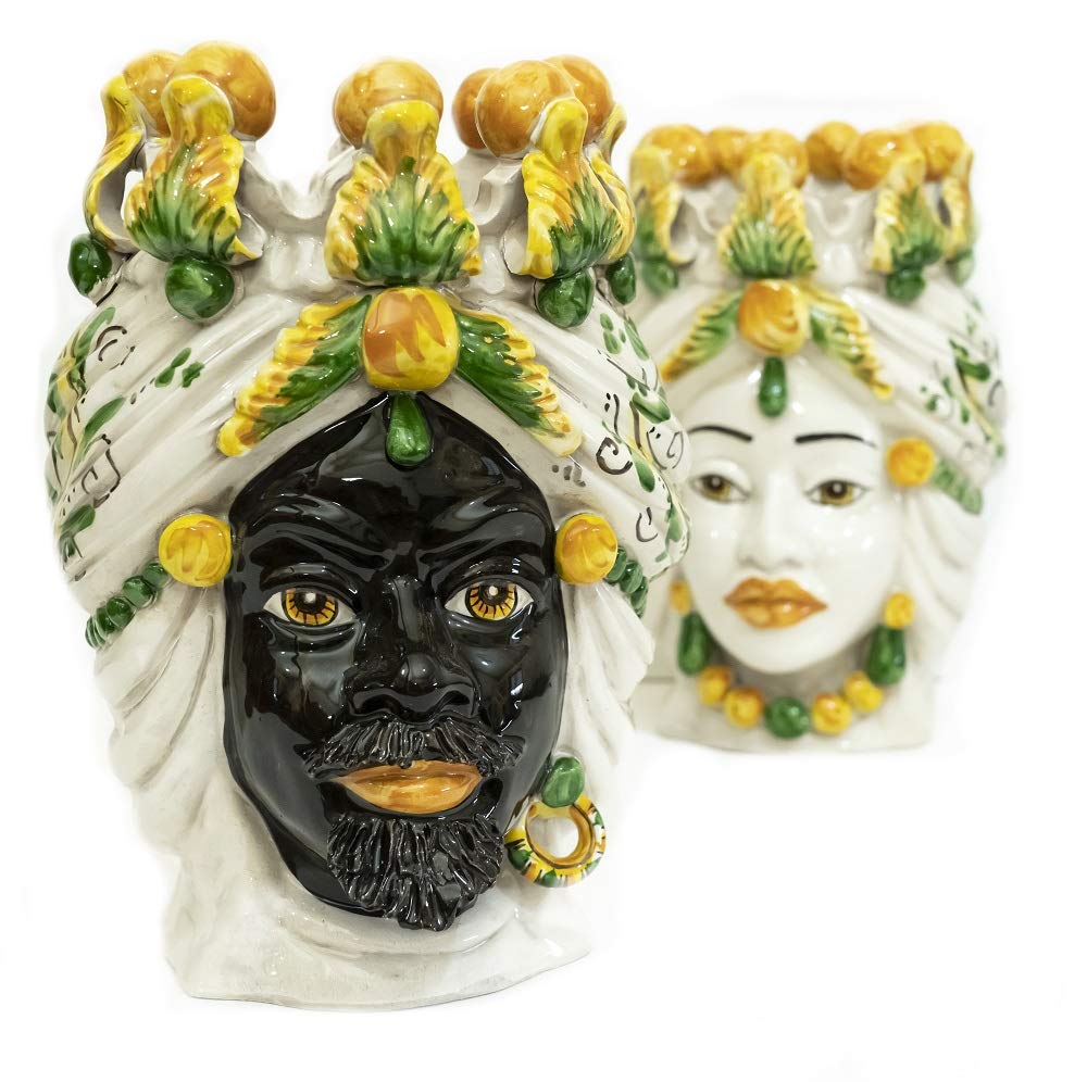 Coppia teste di moro Caltagirone giallo in ceramica siciliana vaso grande H 30 cm