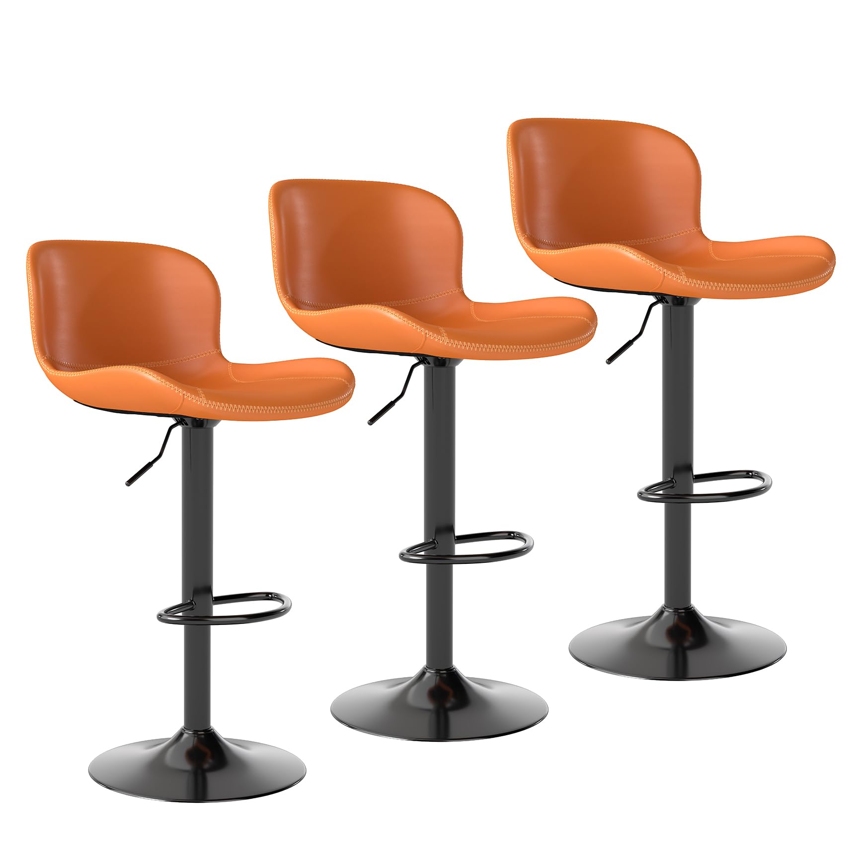 Youhauchair Bar Stools Set of 3, PU Leather Counter Height Barstools with Back, Height Adjustable Swivel Bar Chairs, Modern Armless Kitchen Island Stool, Orange
