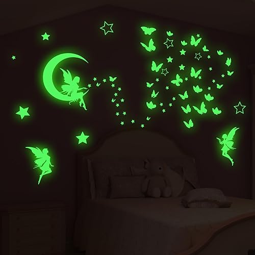 Calcomanía de pared de hadas de fantasía que brilla en la oscuridad, decoración luminosa de mariposa luna para dormitorio de niña, decoración
