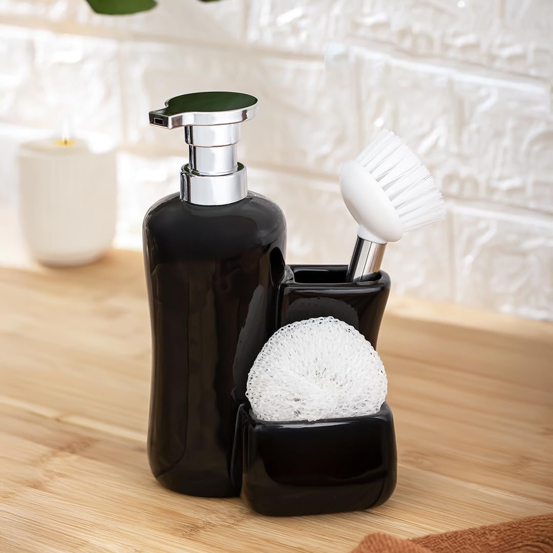 Porsima 268669 Tezgah Üstü Siyah Sıvı Sabunluk Fırçalı Süngerlikli Sabunluk (550ml) 20cm
