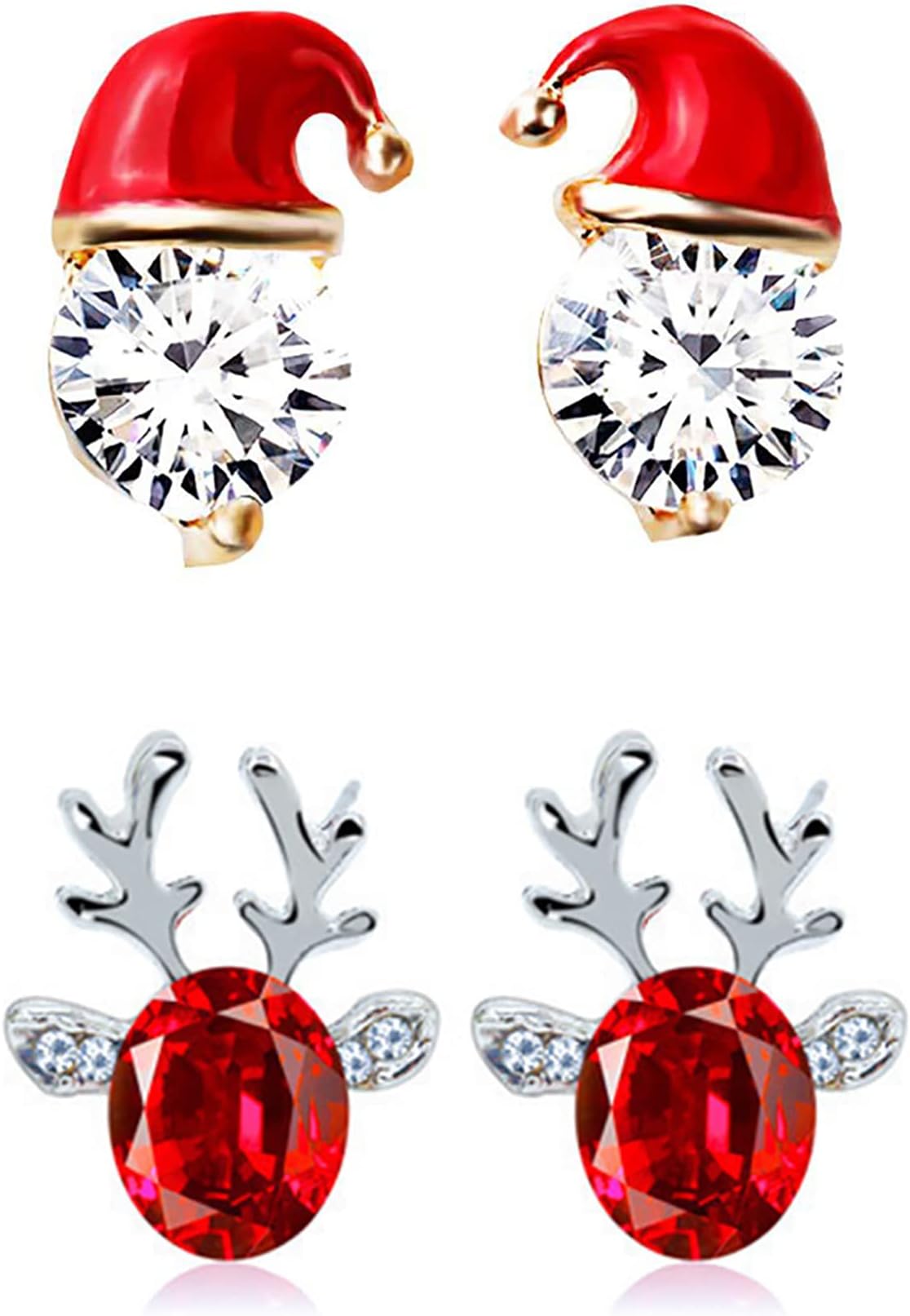 Magwei2 Pairs Women's Christmas Earrings, Girls Crystal Gemstone Santa Christmas Hat Earrings Luxury Christmas Reindeer Antlers Xmas Earring Stud Jewelry Gift Sets