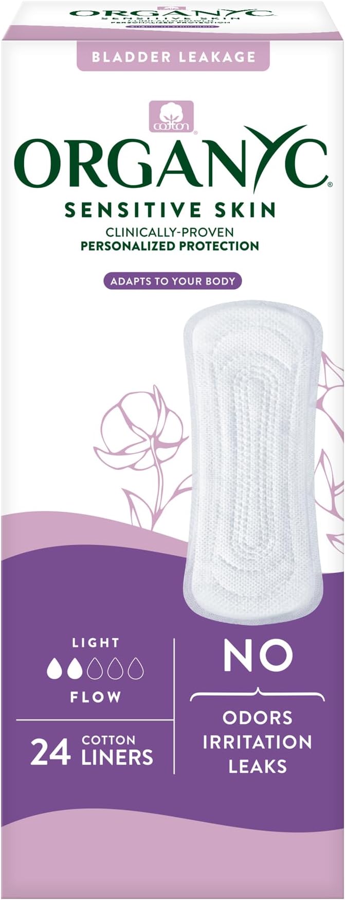 Organyc 100% Organic Cotton Inside and Out Light Incontinence Liners for Bladder Leakage Control, FSA/HSA Eligible, Ultra Thin, Light Flow, 24 Count