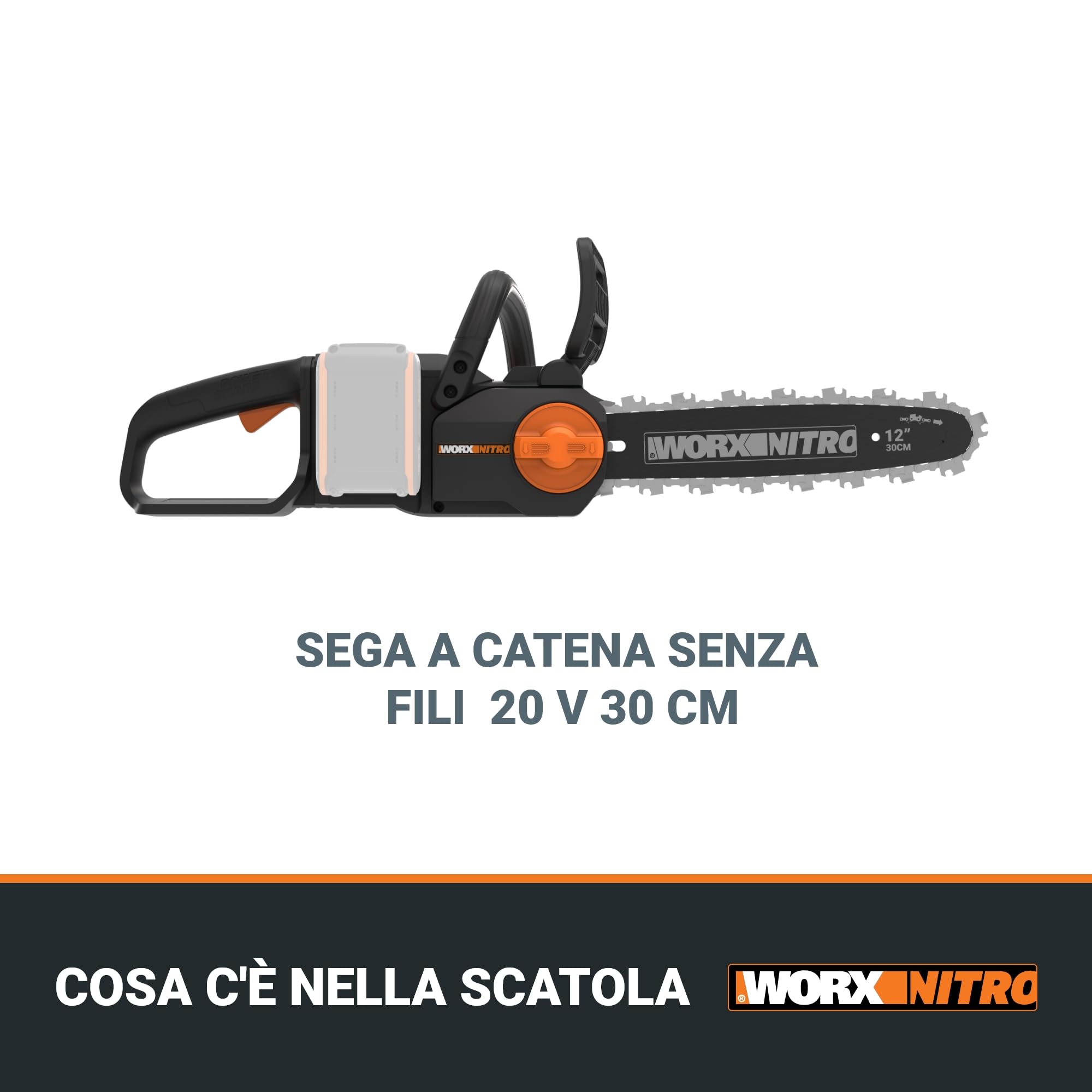 WORX Nitro WG350E.9 Motosega a batteria 20 V – potente sega per legno – 10 m/s – lunghezza di taglio 30 cm – compatta e sicura – solo utensile