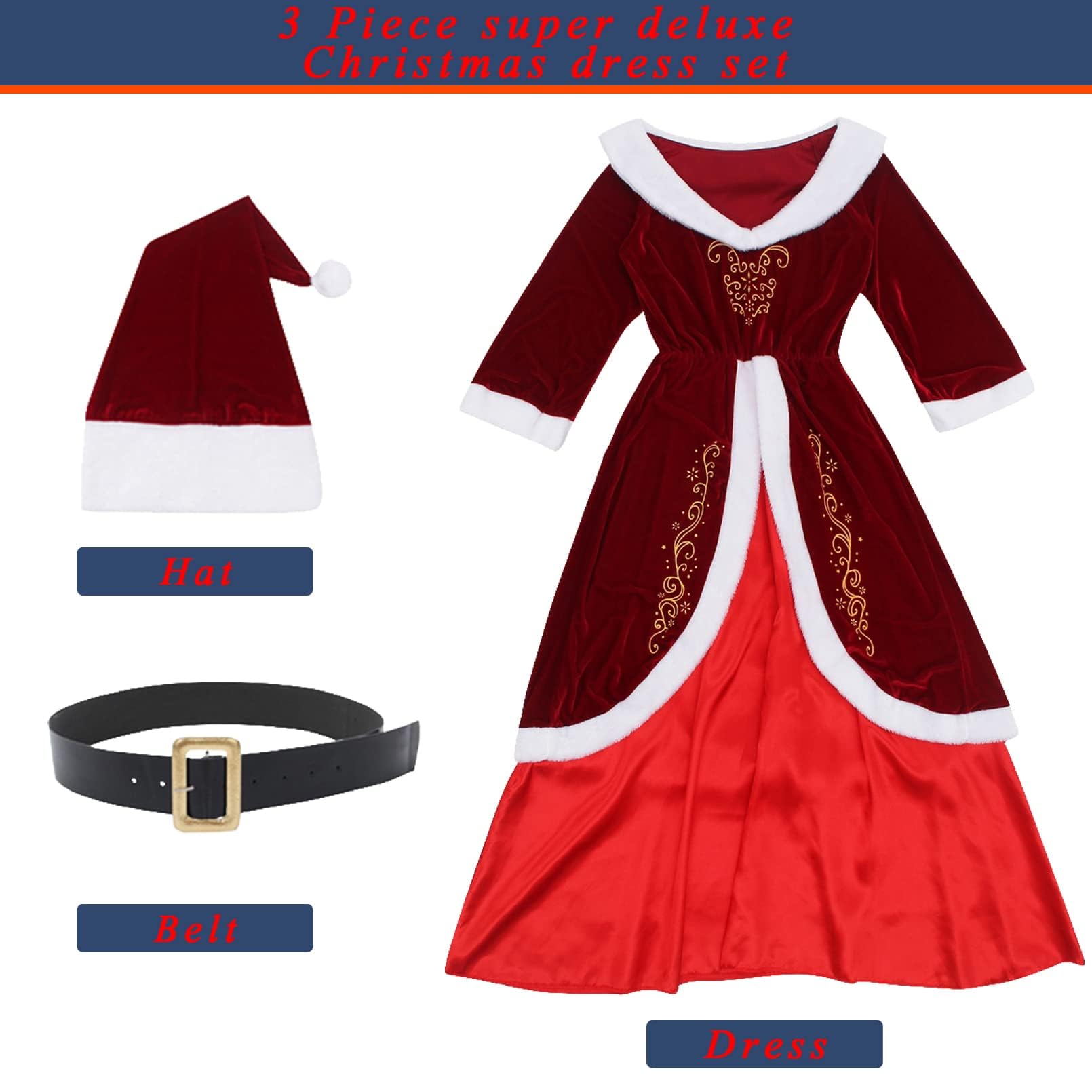 GEMVIE Women's Vintage Christmas Dress Ladies Mrs Santa Claus Costume Xmas Party Mrs Claus Dress, Red Dress-lady Style - Image 3