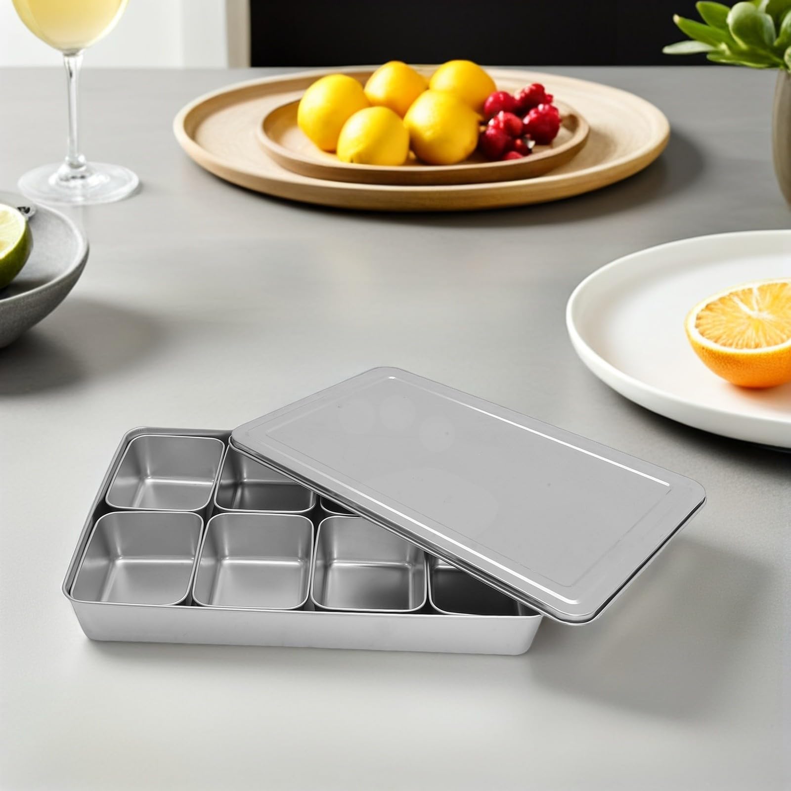 PRETYZOOM Organizador de Condimentos de Acero Inoxidable 8 Compartimentos Extraíbles y Tapa, Caja para Almacenamiento de Especias en Encimera de Cocina Moderna y Elegante