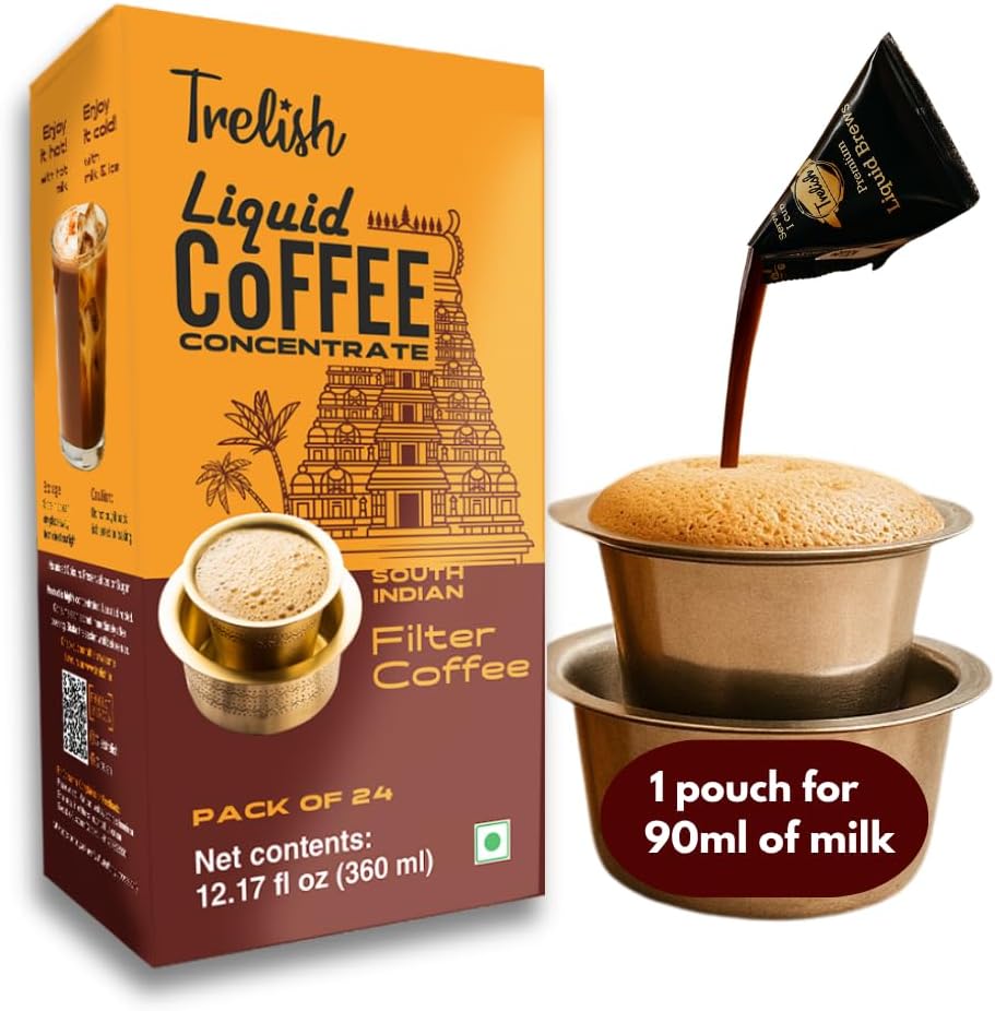 - Trelish Coffee Concentrate - South Indian Filter| Single Servings | Perfect for authentic South Indian filter coffee,coffee decoction,Sugar Free, No Refrigeration, Travel Friendly | 24 servings -360ml