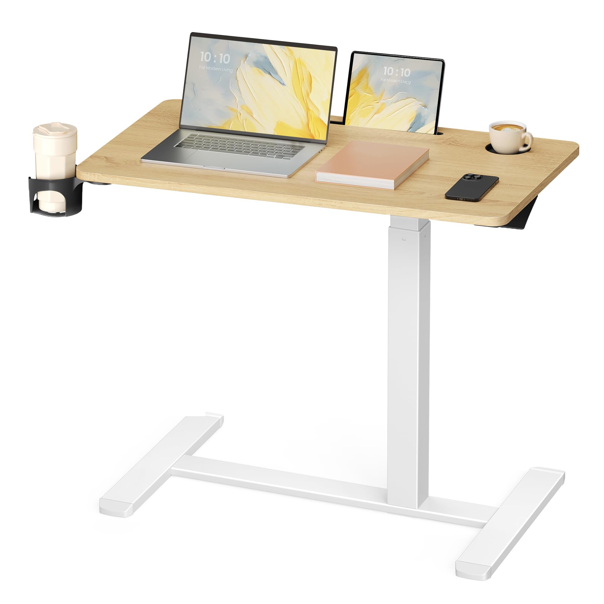 VASAGLE Beistelltisch mit Rollen, mobiler Stehtisch, 80 x 45 cm große Tischplatte, verstellbare Höhe, 2 Getränkehalter, Schlitz für Handy oder Tablet, goldeichenfarben LSD601YA01