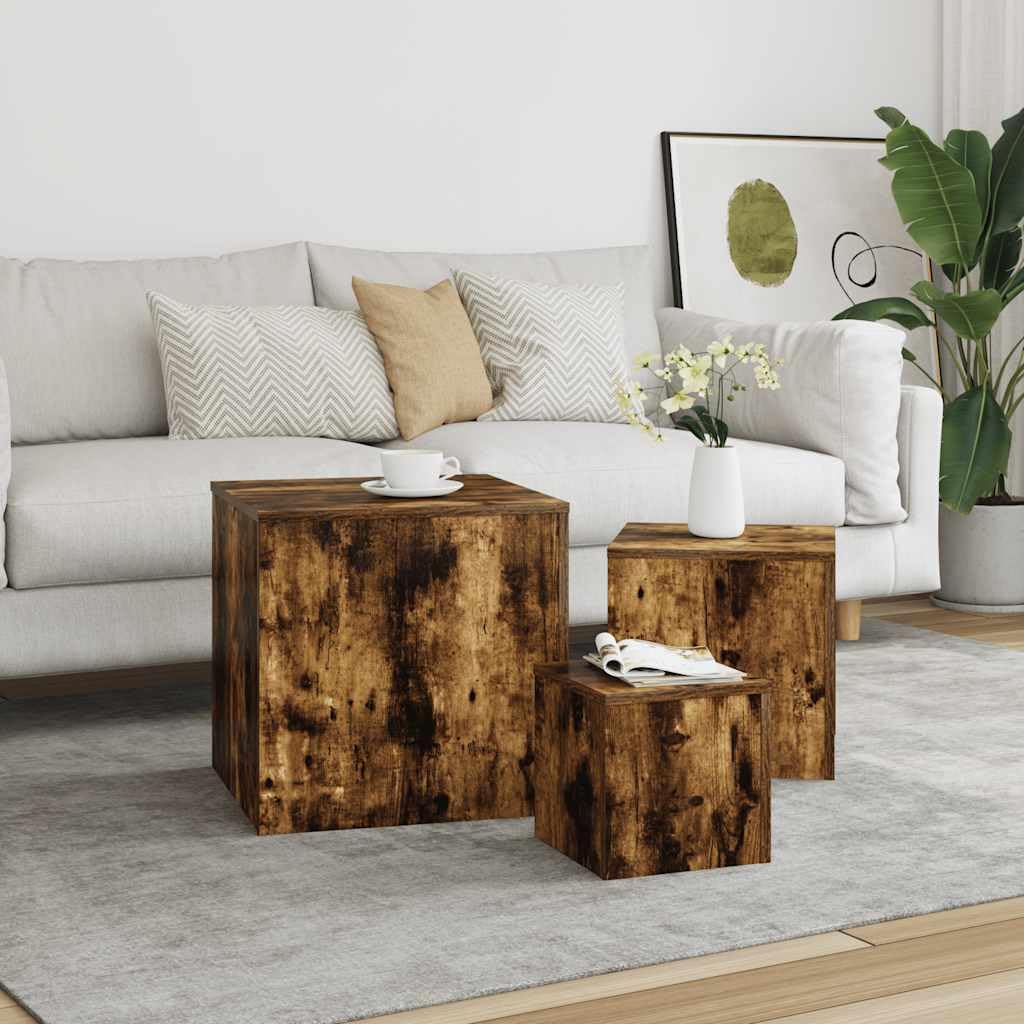 SXZenSpace Side Tables Living Room 3pcs Nesting Set Smoked Oak Engineered Wood Cube Occasional 45/35/24 cm for Sofa Bedroom Hallway