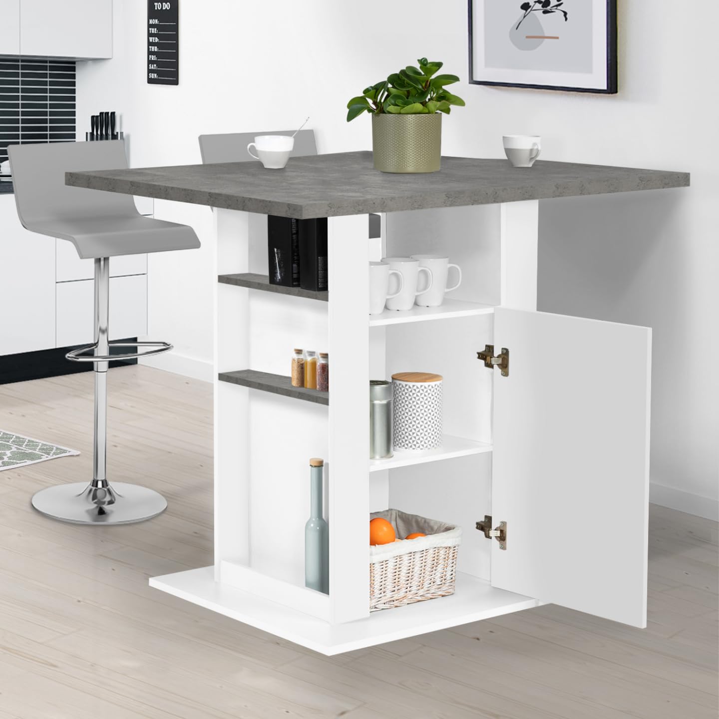 IDMarket - Ilot Central UGO 110 cm Plateau Effet béton et Blanc avec rangements