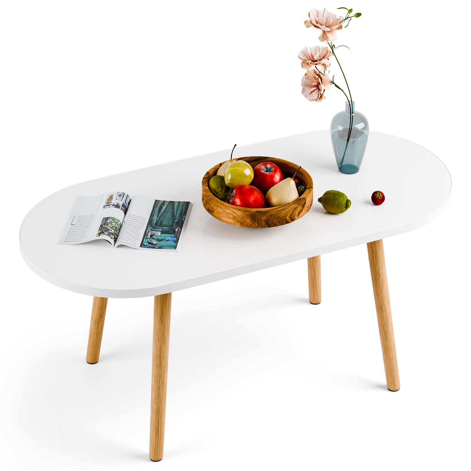 Coffee Table Modern Tea Table for Living Room Rounded Edge with Solid Legs Easy Assembly White