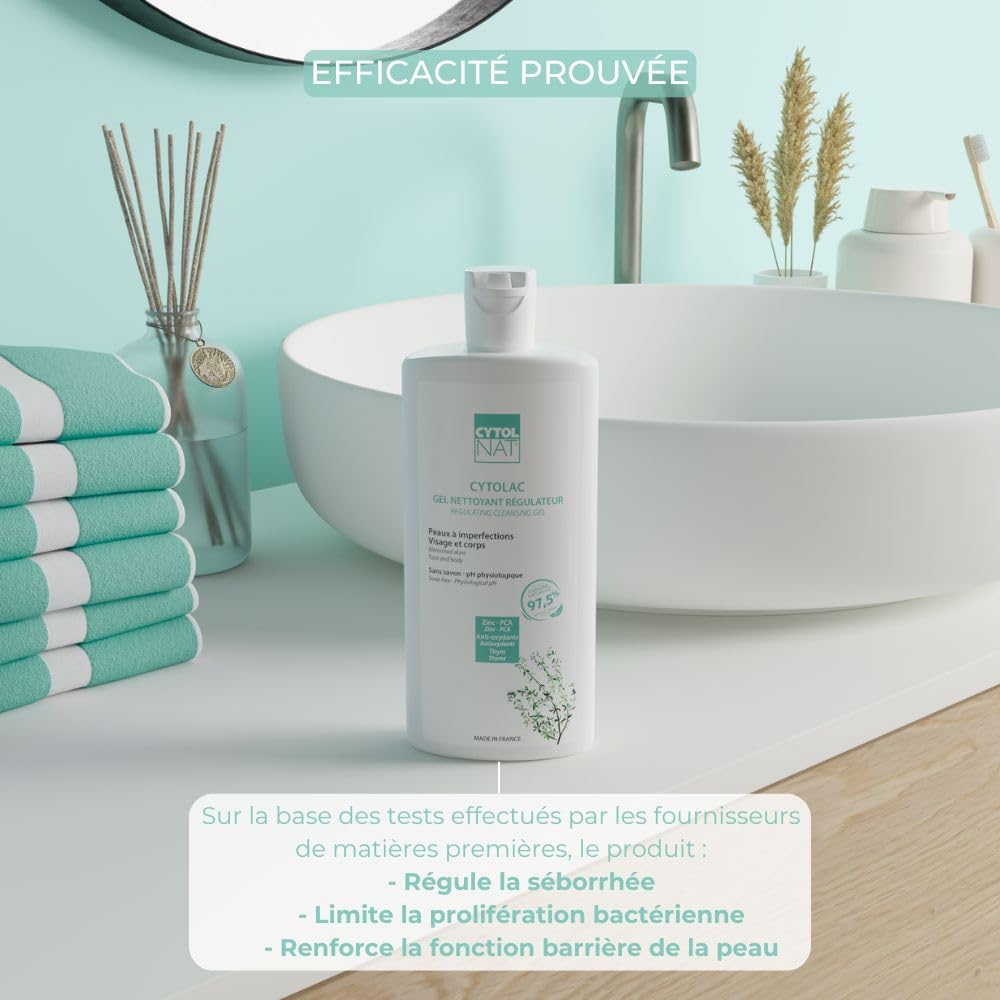CYTOLNAT - Cytolac Gel Nettoyant - Nettoie en Douceur et Régule l’Excès de Sébum - Sans Savon - Peaux Sensibles, Mixtes à Grasses - Visage et Corps - Formule Naturelle - 250 ml