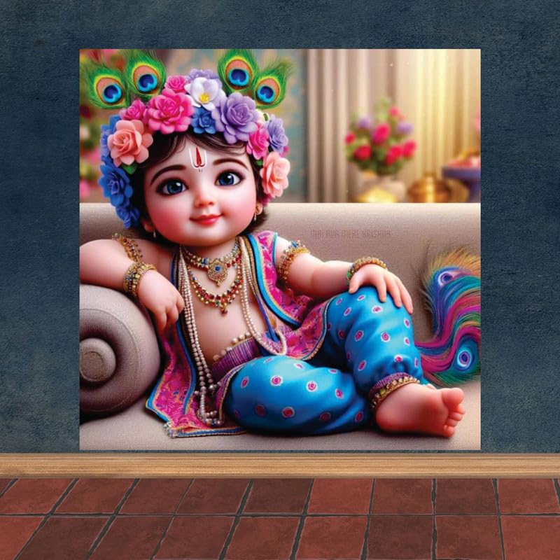 Image of British Terminal Cute little Bal Gopal Baby God Krishna| Kanha Ji | Laddu Lord Makhan Chor Painting Religious Poster for Pregnant Women for wall (matt thin vinyl,sticker,multicolor,unframed)| bj378