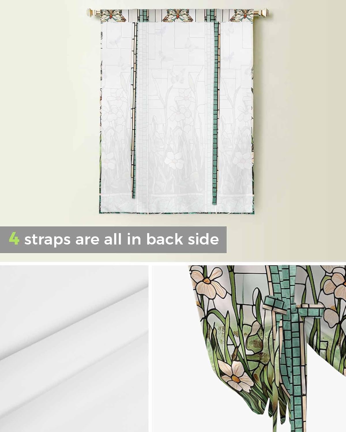 Retro Tie Up Curtains for Windows Stained Glass ​Meadow Flower Butterfly Print Rod Pocket Tie-Up Window Shade Adjustable Balloon Curtain Valance for Bedroom Kitchen Bathroom Blinds,46" Wx63 L