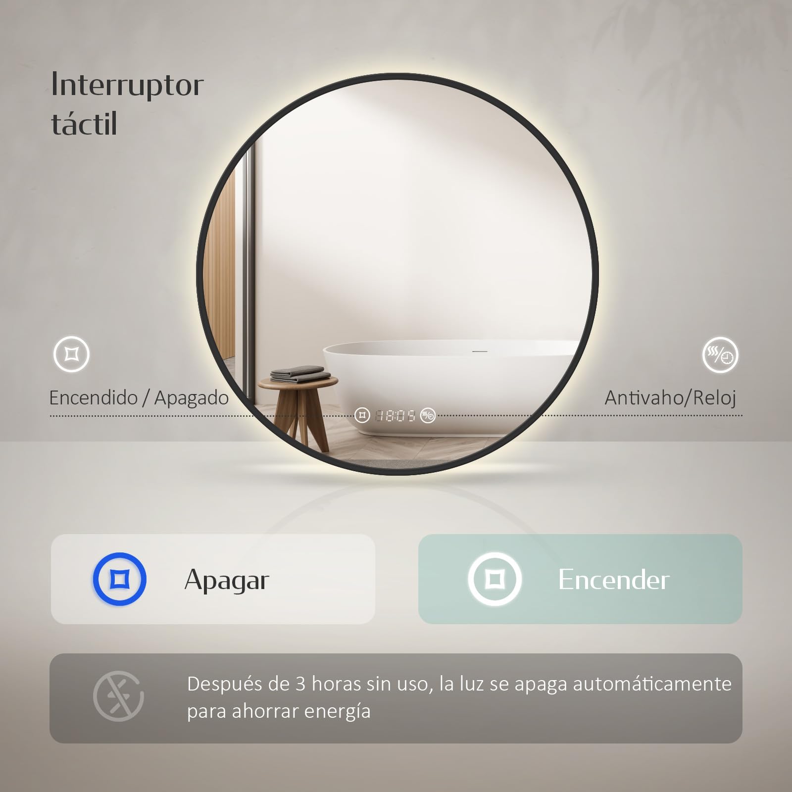 EMKE Espejo LED Redondo de Baño, ø60cm,Marco Negro, antiempañante, con visualización de Hora y Temperatura, luz Neutra, Intensidad Ajustable, Espejo de baño con iluminación, IP44