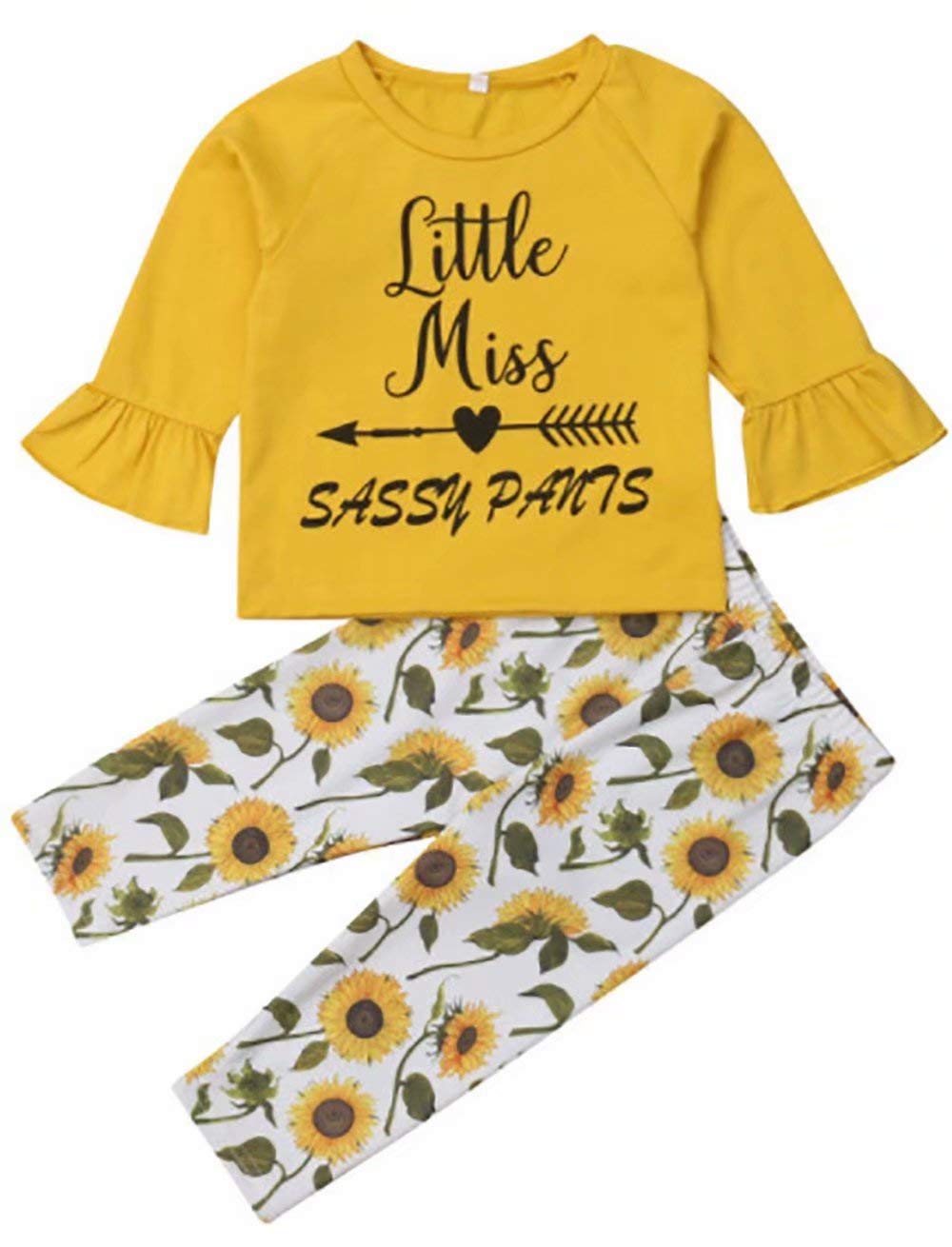 Toddler Baby Girl Little Miss Sassy Pants Outfit Flare Sleeve T  Shirt+Sunflower Printed Pant Clothes Set