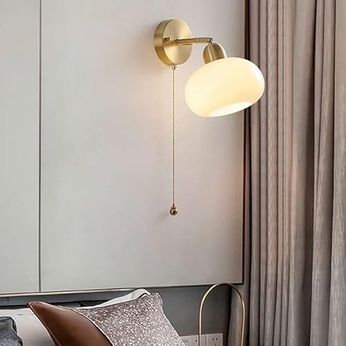Miniatura 2 de Mid Century Modern Brass Wall Sconce with Milk Glass Shade Vintage Copper Finish Adjustable Farmhouse Bedside Lamp Pull Chain Switch for Bedroom