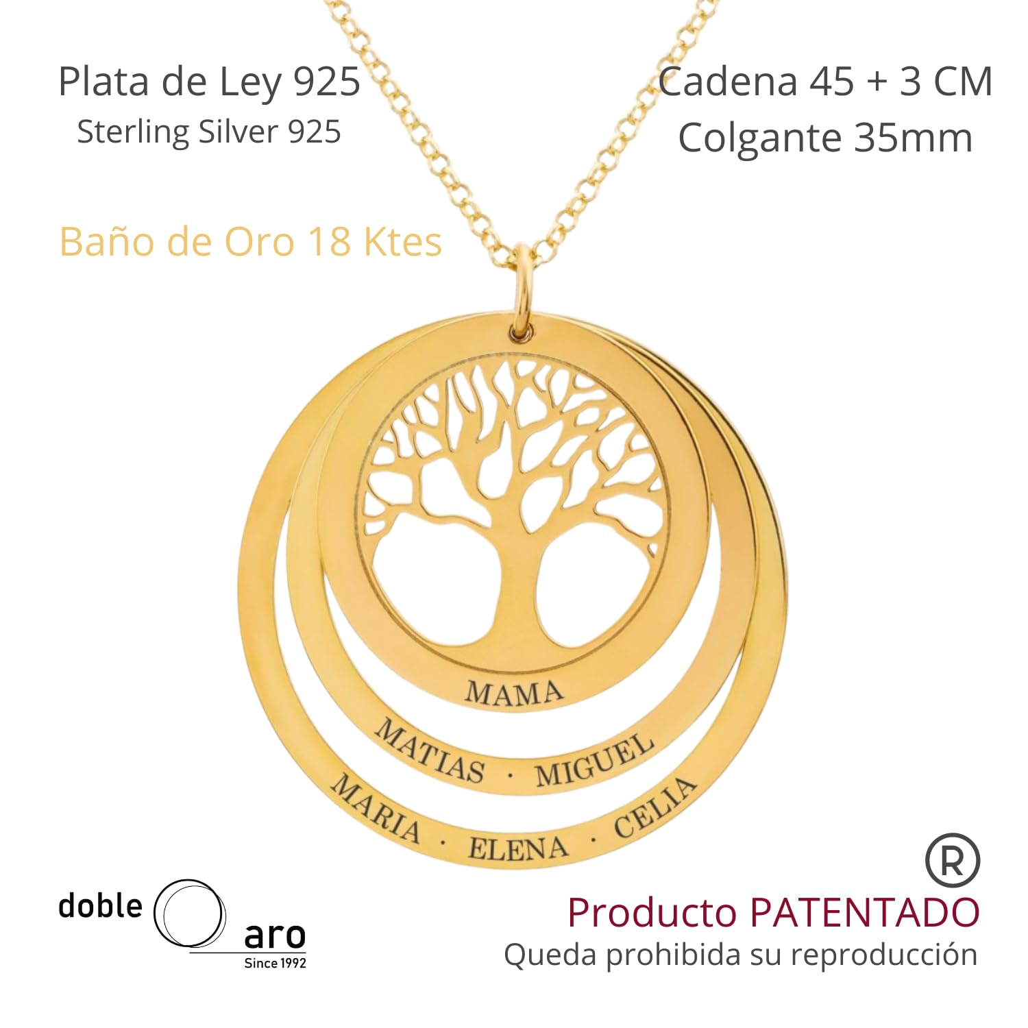 Collar Arbol de la Vida Personalizado para Mujer en Plata de Ley - con Cadena de 45 cm + Alargador - Regalo Original para Madres y Abuelas