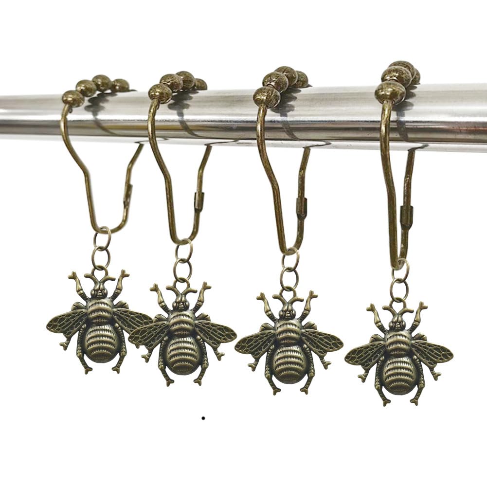 Decorative Bee Shower Curtain Hooks for Bathroom, Rust Resistant Metal Bronze Shower Curtain Rings Set of 12 with Zinc Alloy Insect Bees Floral Park