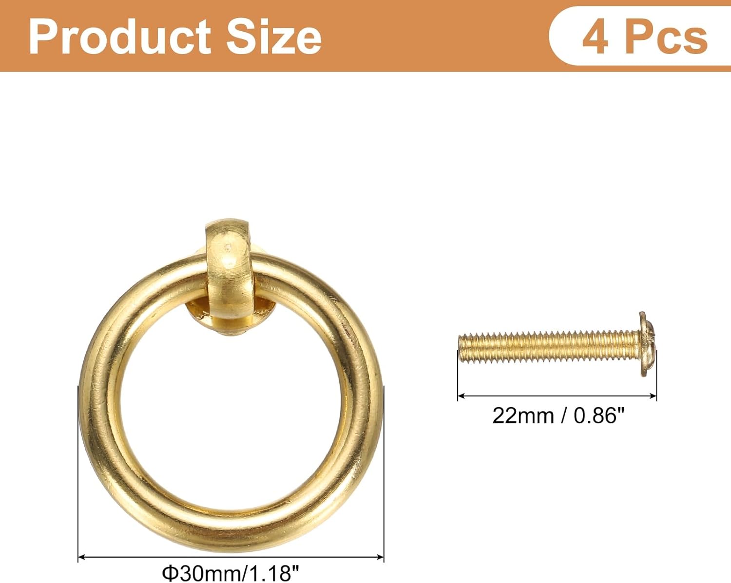 uxcell 4Pcs 1.18 Inch Brass Drawer Pulls and Knobs Cupboard Cabinet Drawer Rings Pulls Knob with Screws for Dresser Cabinet Closet Cupboard, Gold Tone