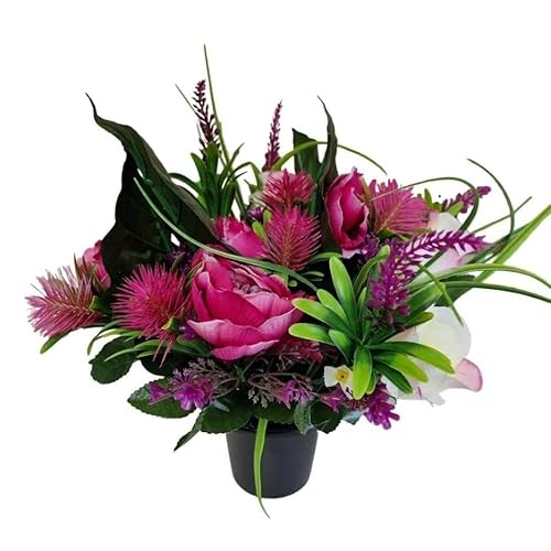 INERRA Cemetery Grave Flower Pot - Artificial Flowers With Pink Roses and Peonies