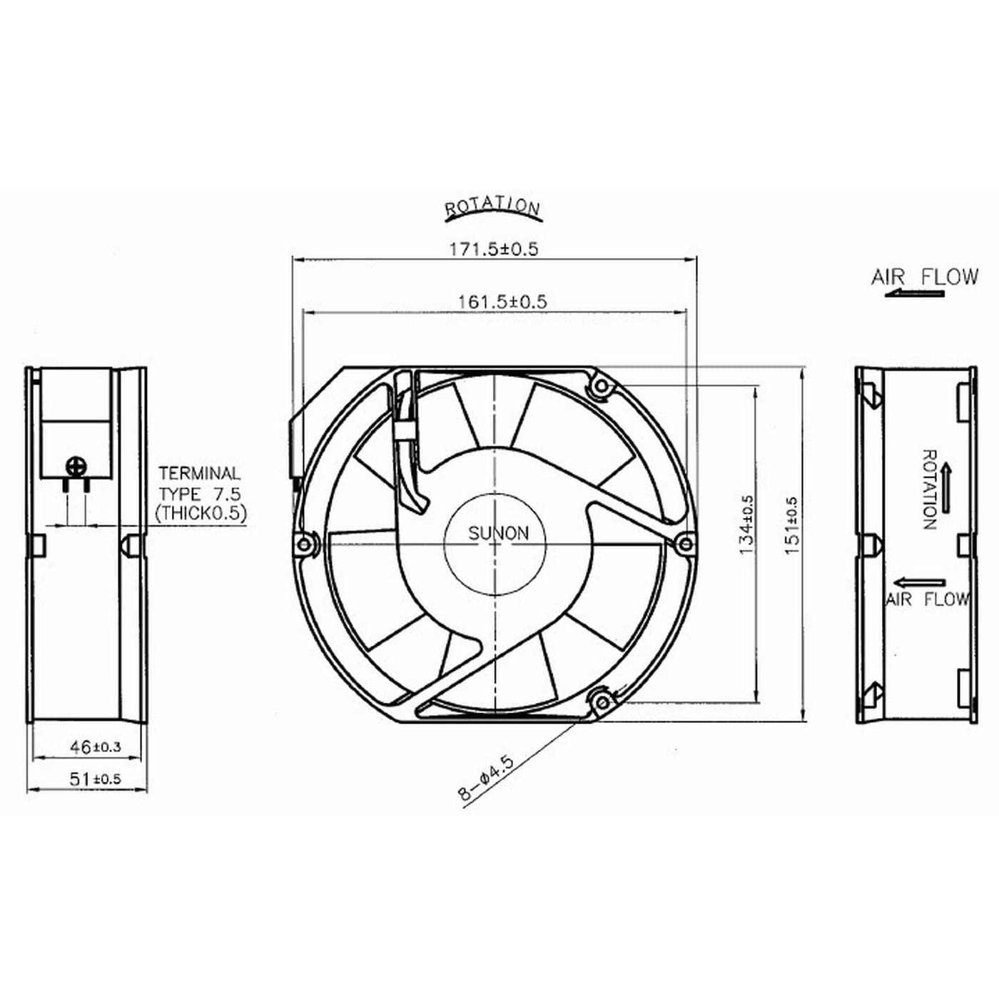Fan 230V AC 26W 172x151x51mm 345m³/h 2800U/Min 345m³/h SUNON A2175HBT-TC