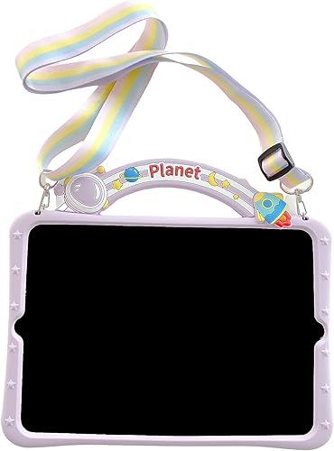 Funda de silicona suave con diseño de astronauta púrpura especial con función atril plegable incorporada, a prueba de golpes, con cordón para iPad