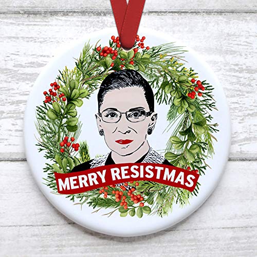 Ruth Bader Ginsburg Christmas Tree Ornament Merry Resistmas Comes with Red Satin Ribbon Notorious RBG Xmas Gift