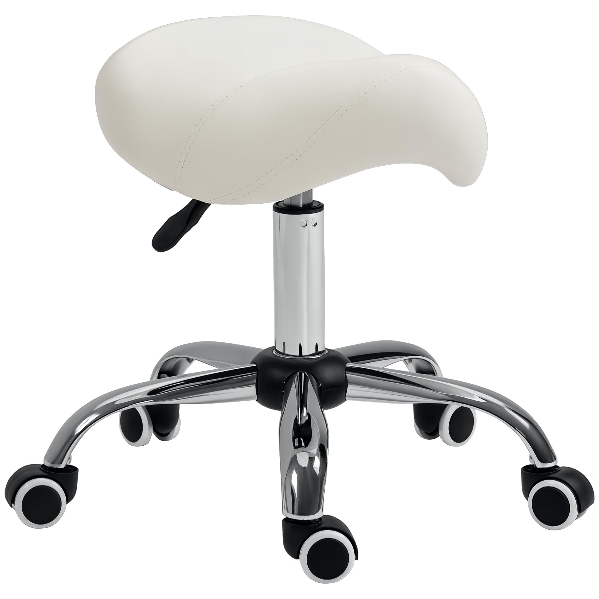 HOMCOM Cosmetic Stool 360° Rotate Height Adjustable Salon Massage Spa Chair Hydraulic Rolling Faux Leather Saddle Stool Mobility, Cream
