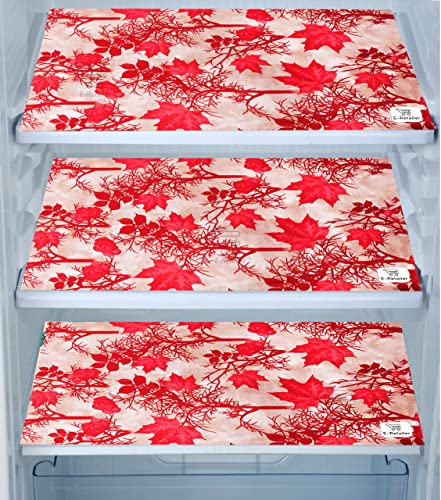 Image of Polyester 3-Layered Fridge Top Cover /Refrigerator Cover With Utility Pockets and Set of 3 Pc Fridge Mats (Colour- Floral Red, Size-39x21 Inch)