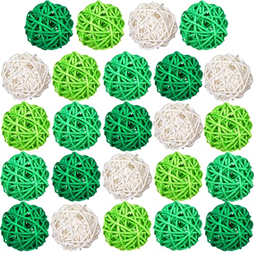 24 Pieces Wicker Rattan Balls Decorative Orbs 1.8 Inch St Patrick's Day Mixed White Green Ball Vase Filler Decorative Balls for Wedding Table Decor Valentine's, Green, Light Green, Dark Green, White