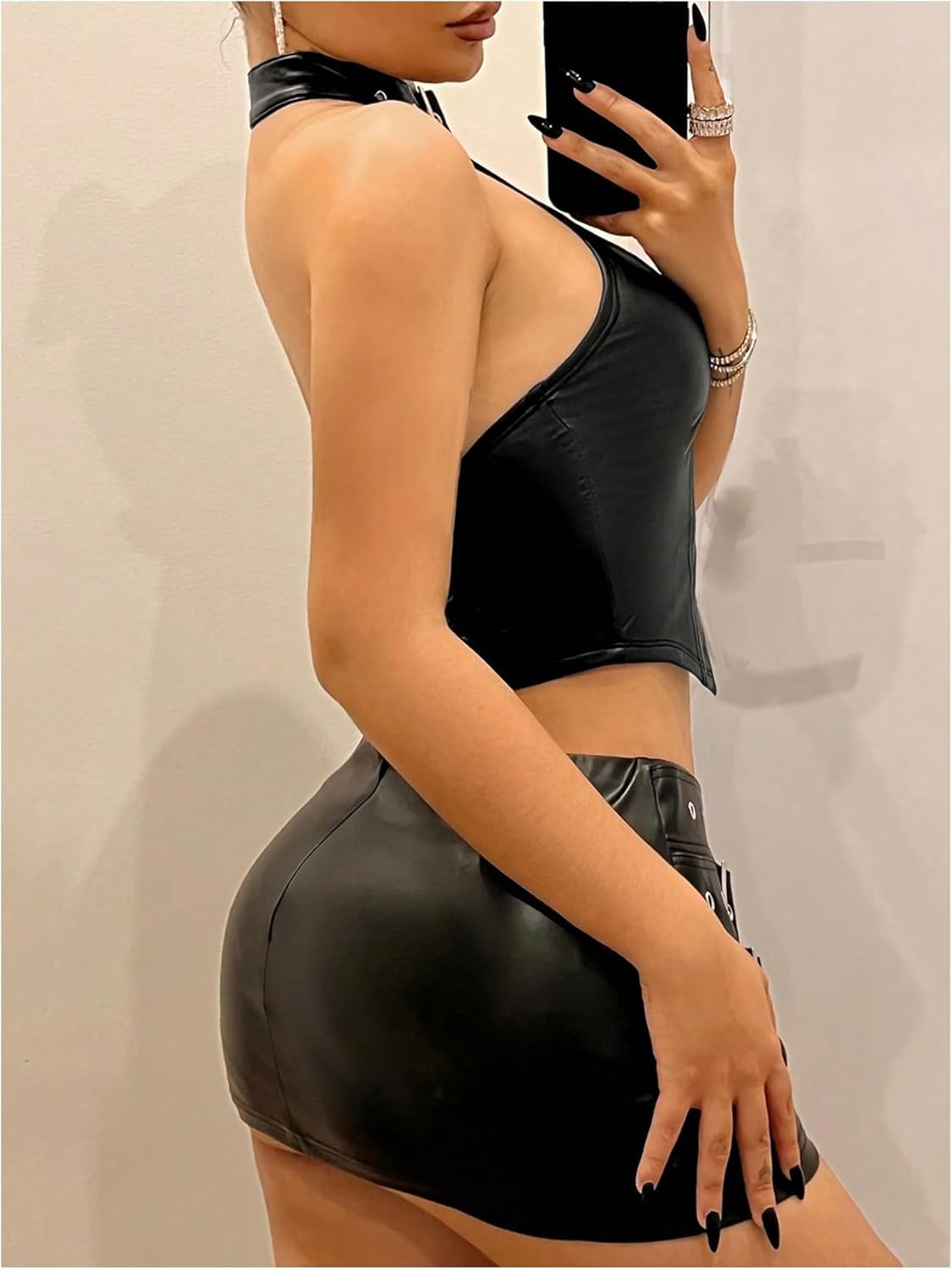 OYOANGLE Women's PU Leather Buckle Zipper Front Halter Tank Tops Y2k Backless Asymmetrical Hem Crop Top - Image 3