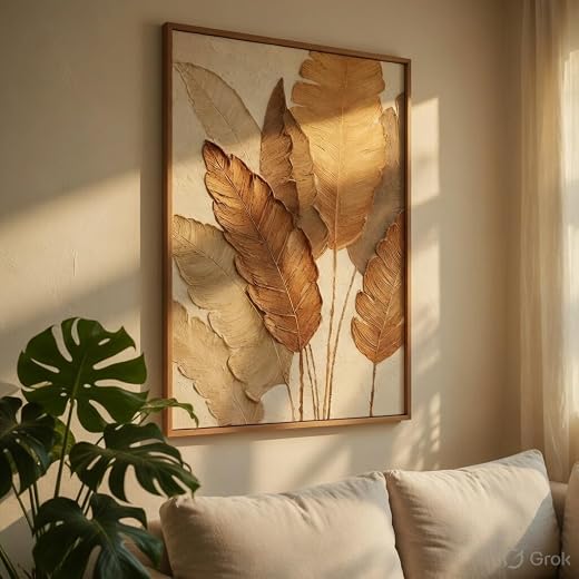 Livin'luxe Minimalist Botanical Leaf Wall Painting with Natural Color Synthetic Frame | Modern Beige Leaf Artwork HD UV La...