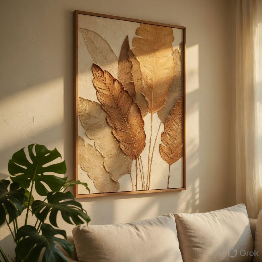 SAF Minimalist Botanical Leaf Wall Painting with Wooden Frame | Modern Beige Leaf Artwork HD UV Laminated MDF Wall Decor | Aesthetic Nature Wall Art for Living Room Bedroom Home 13.5 Inch x 19.5 Inch-image-37