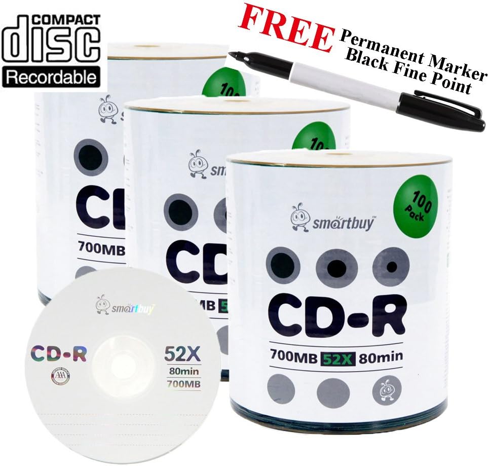 Smartbuy 300-disc 700mb/80min 52x CD-R Logo Top Blank Media Record Disc + Black Permanent Marker