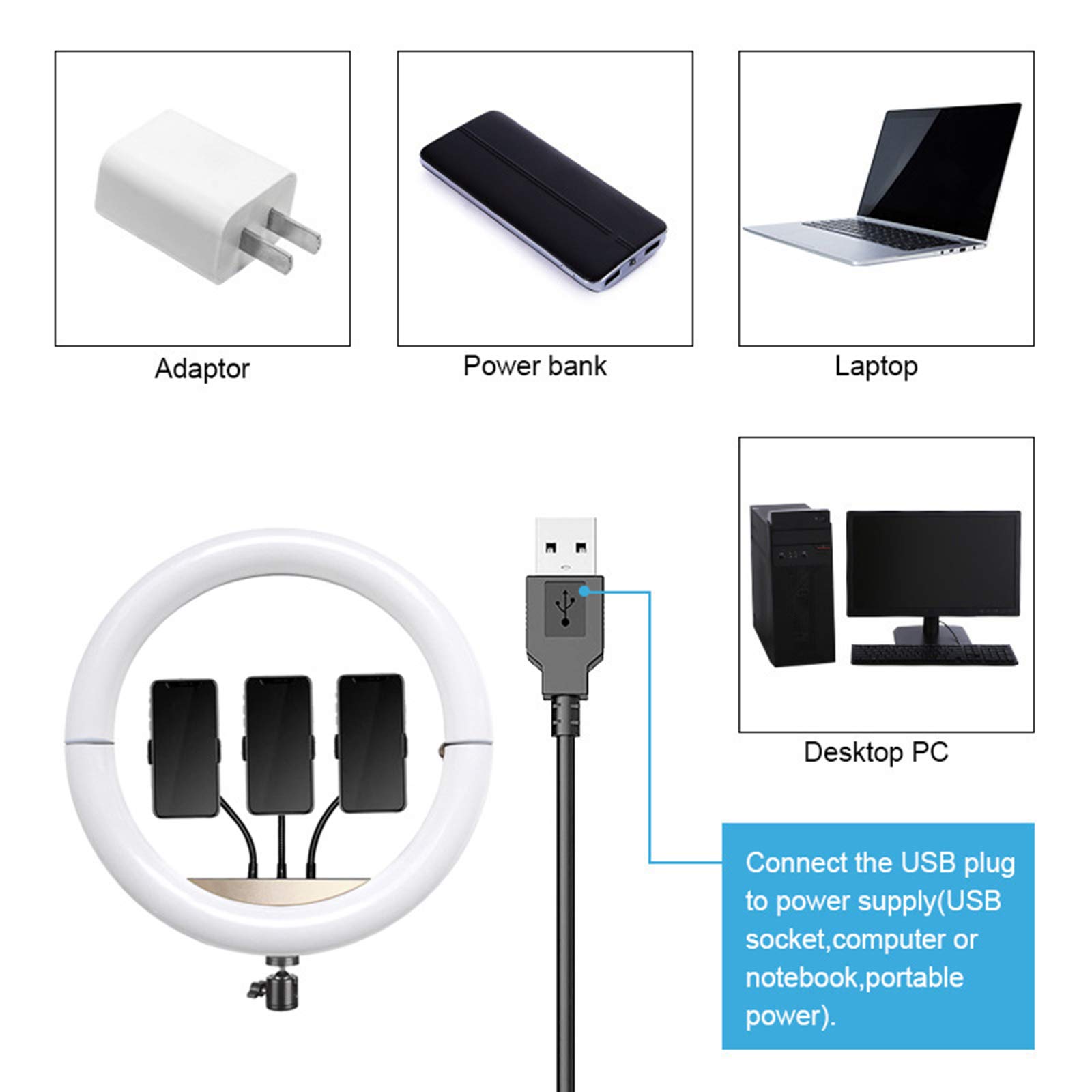 Luce LED Anello Treppiedi 14" Lampada Anulare Regolabile con Treppiede da 130cm per Youtube, tik tok, Trucco, Fotografia, 3 Phone Holder per iPhone/Android