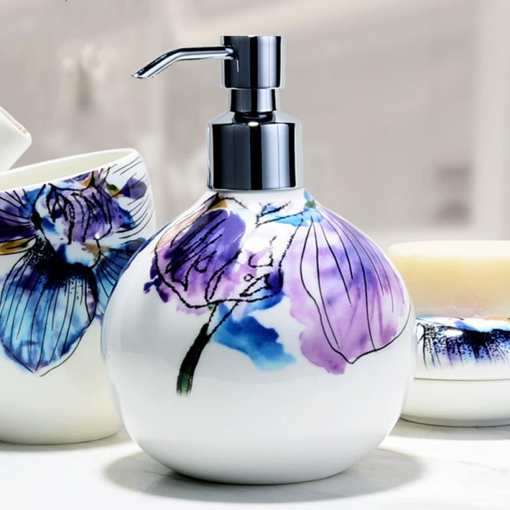 Vintage Soap Dispenser, Ball Ceramic Liquid Refillable Lotion Pump Bottle for Kitchen Bathroom, Decorative Blue Lotus Hand Dispenser