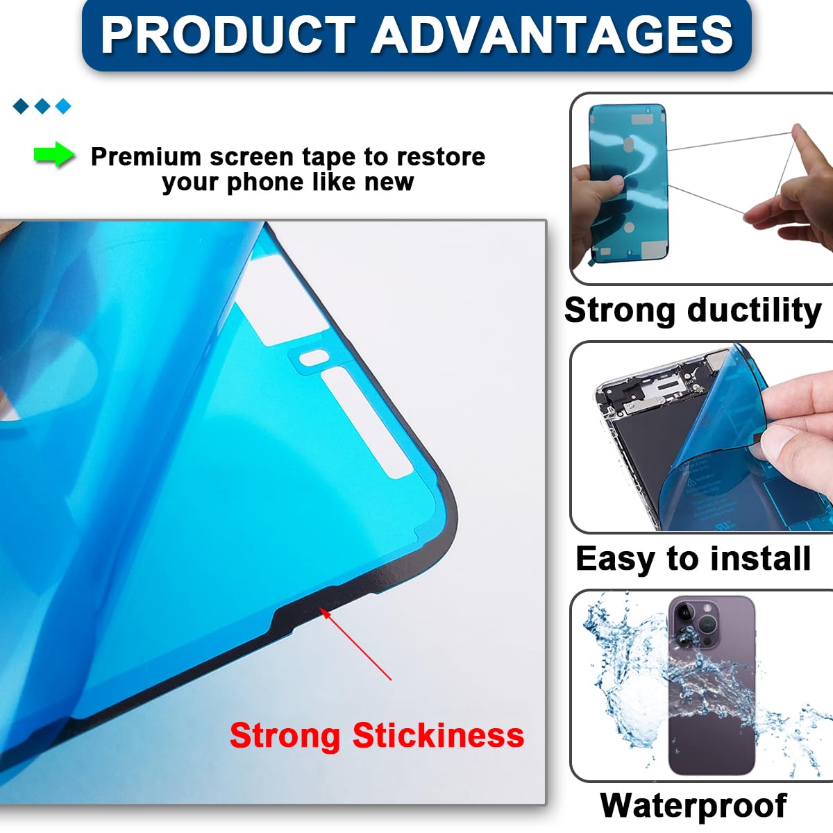 Adesivo per Adesivo Pre-Taglio Impermeabile da 7 Pezzi Compatibile con per iPhone 14 PRO, Adesivo sullo Schermo LCD e Nastro Adesivo per Colla a Batteria Interna (6,1 Pollici/Nero)
