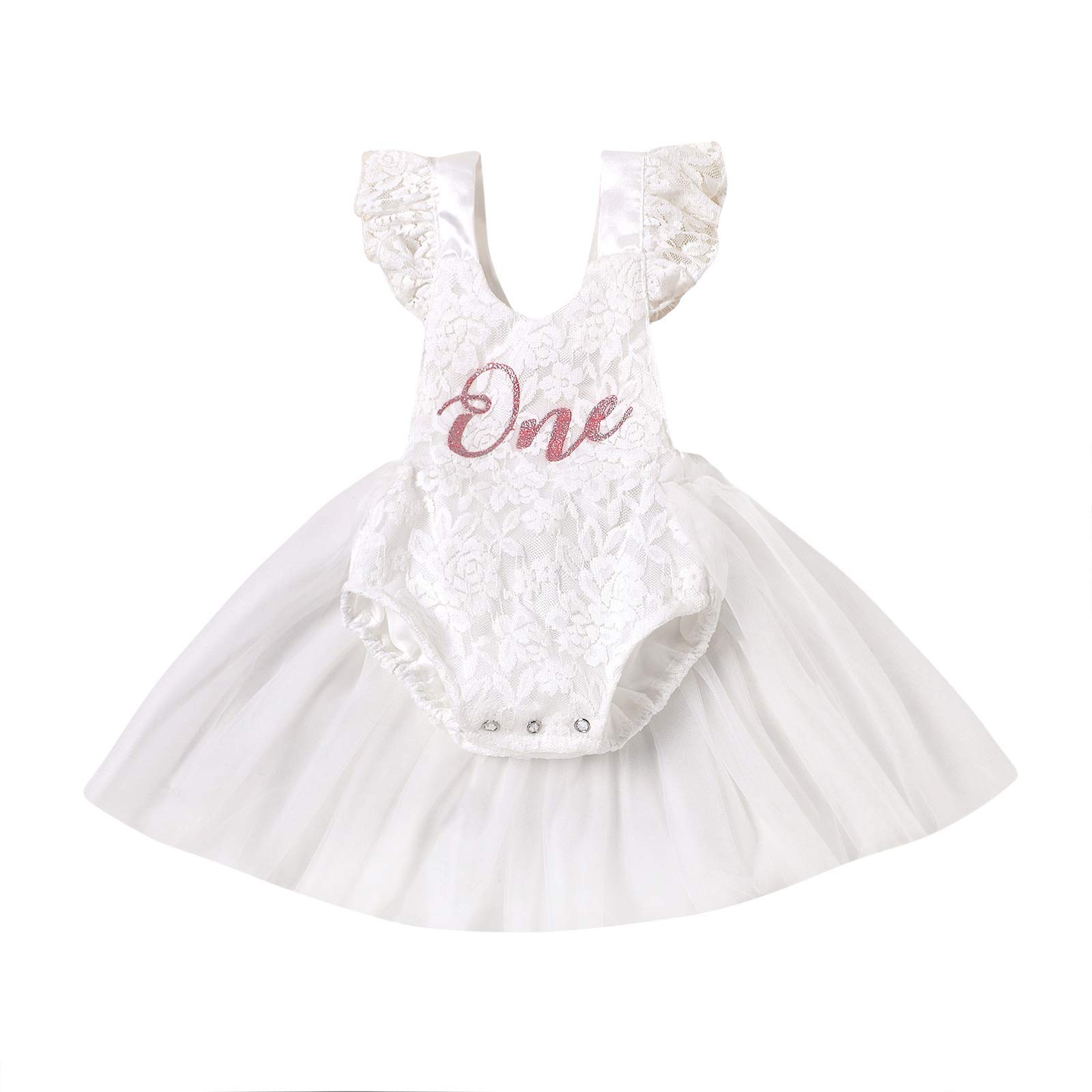 Baby Girl 1st Birthday Romper Dress Ruffle Lace Sleeve One & Floral Embroidery Backless Romper Tutu Skirt (White, 12-18 Months)