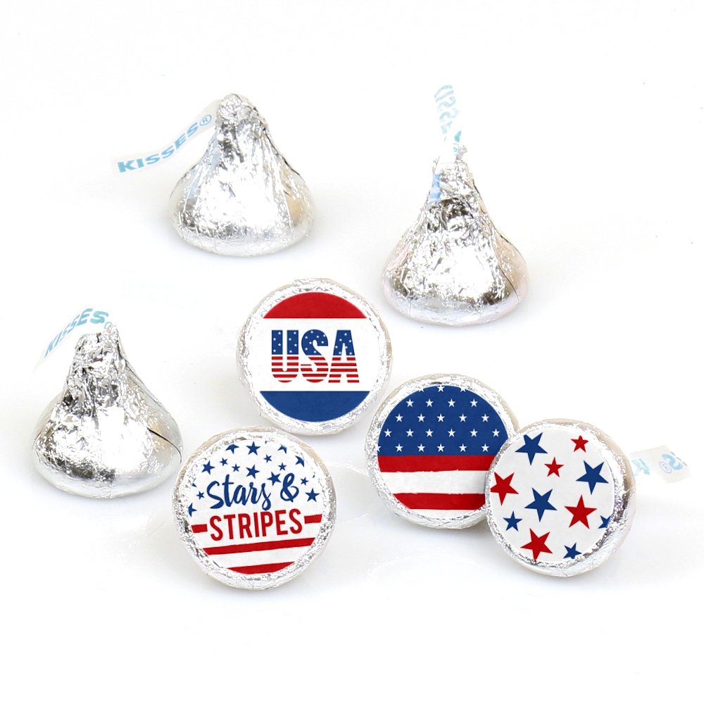 Big Dot of Happiness Stars and Stripes - Memorial Day USA Patriotic Party Round Candy Sticker Favors - Labels Fit Hershey's Kisses (1 Sheet of 108)