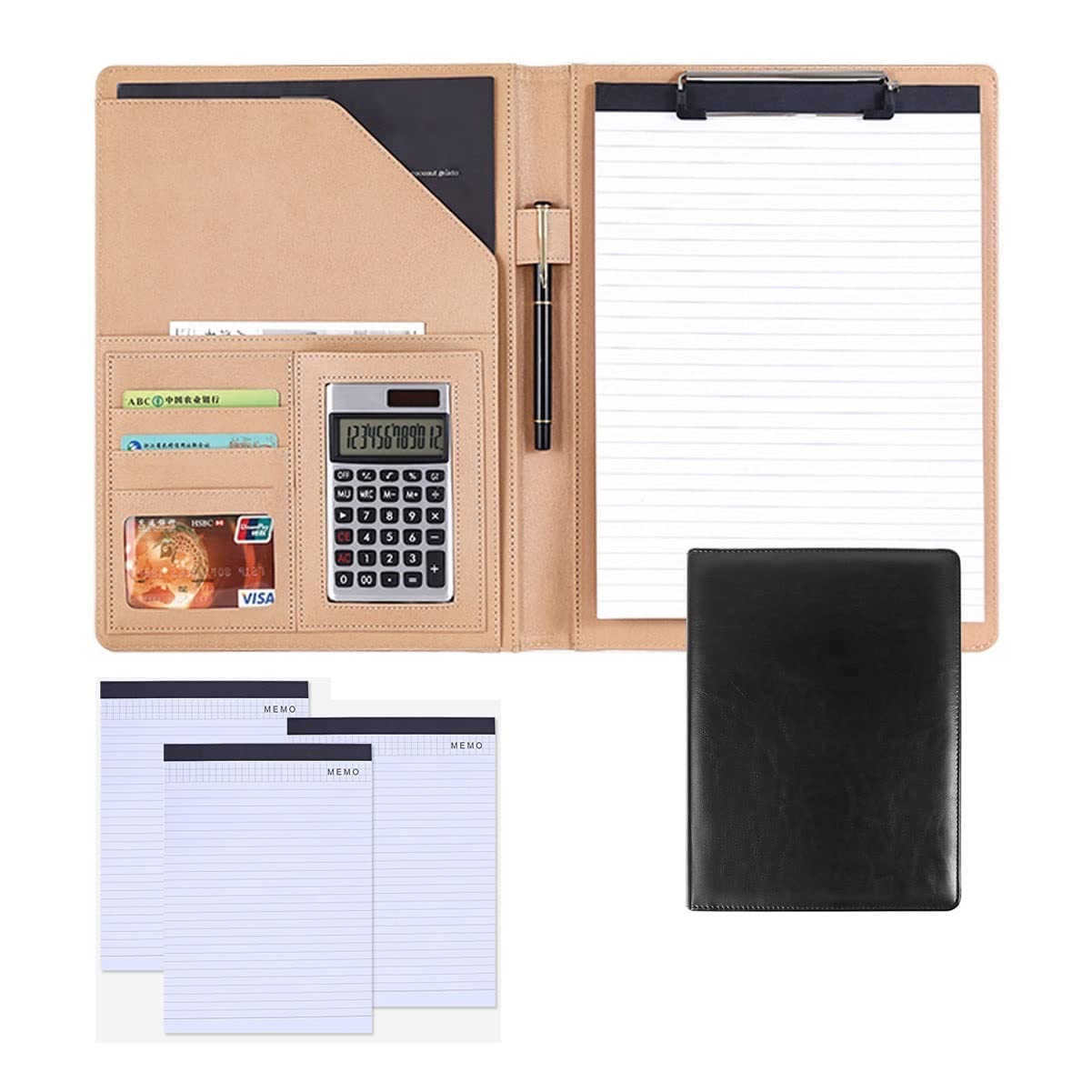 Cartella Portadocumenti Portablocchi in Pelle A4 Blocco Note Impermeabile Folio Cover con Calcolatrice Conferenza Organizer per Donna Uomo Notebook 25 Fogli 4 Pezzi (Color : Black)