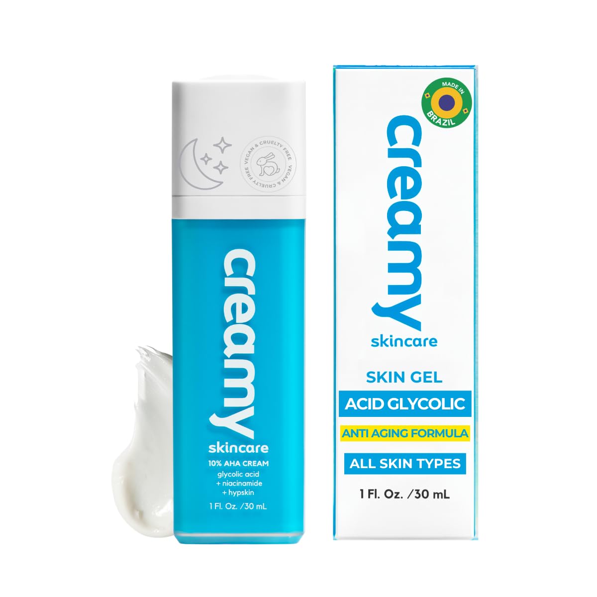 Creamy Skincare 10% Glycolic Moisturizer, Exfoliating Face Cream with Glycolic Acid, Niacinamide, and Hypskin, Nourishing, and Hydrating Cream, 1 fl oz/30mL