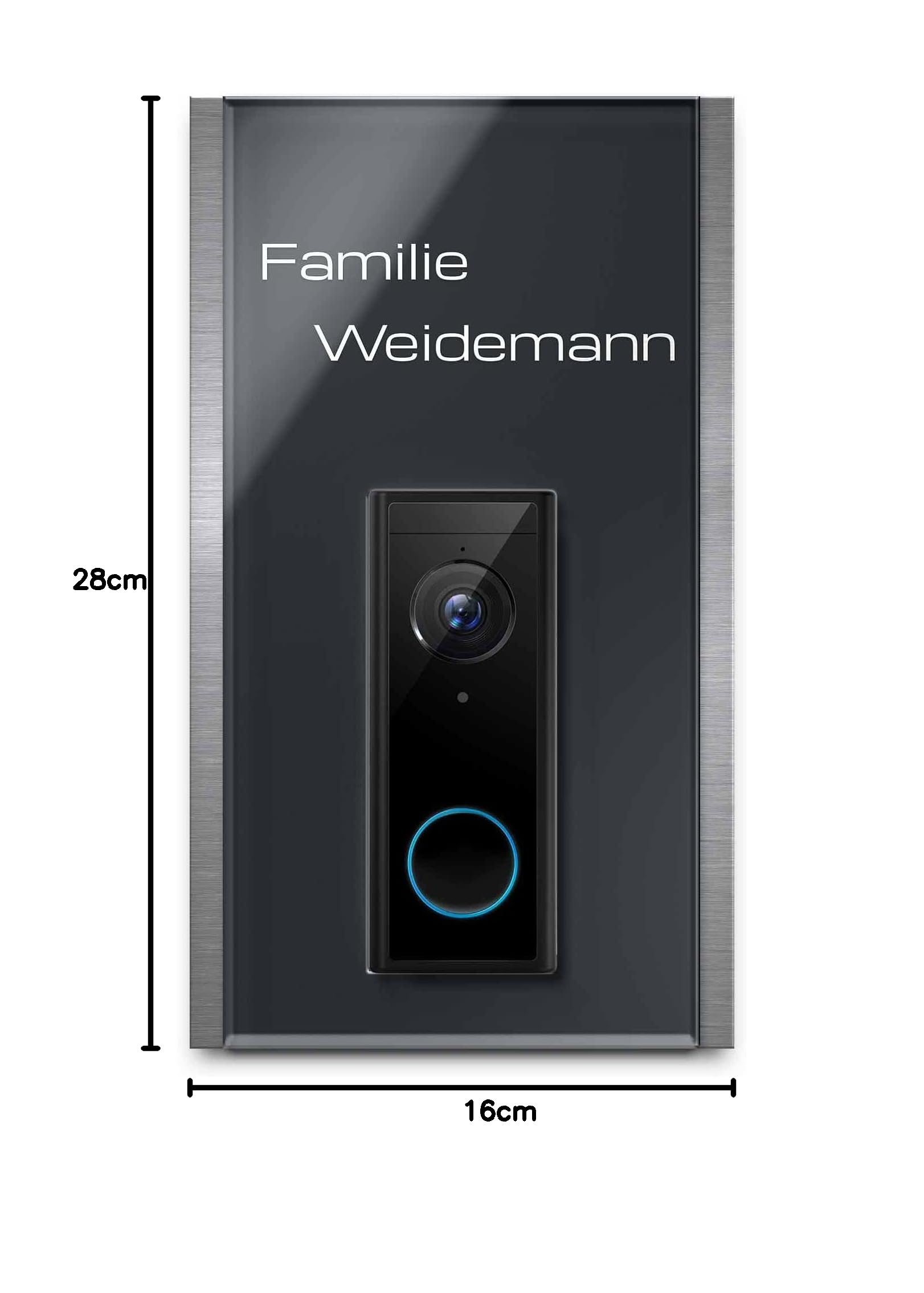 Edles Namensschild für Eufy Video Doorbell 2K mit Akku o. Kabelgebunden - personalisiertes Türschild aus Edelstahl & Acrylglas | Videotürklingel Funk Video Klingel - Funkklingel Zubehör 16x28 cm