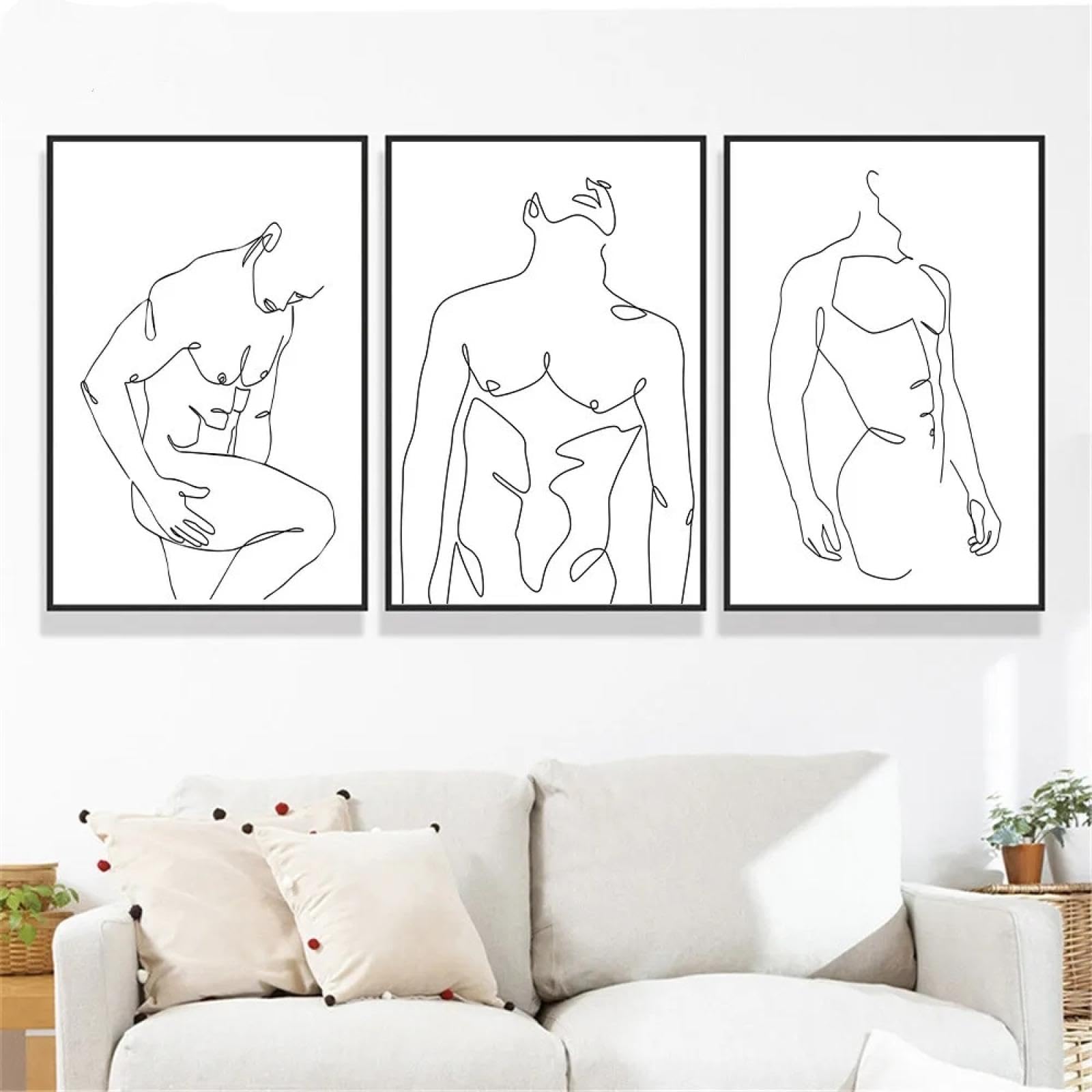 GOSRD Poster su tela con corpo maschile astratto, stampa di linee maschili, figure nude, poster da parete, immagine minimalista, decorazione per camera da letto, 60x90 cm, 3 pezzi senza cornice