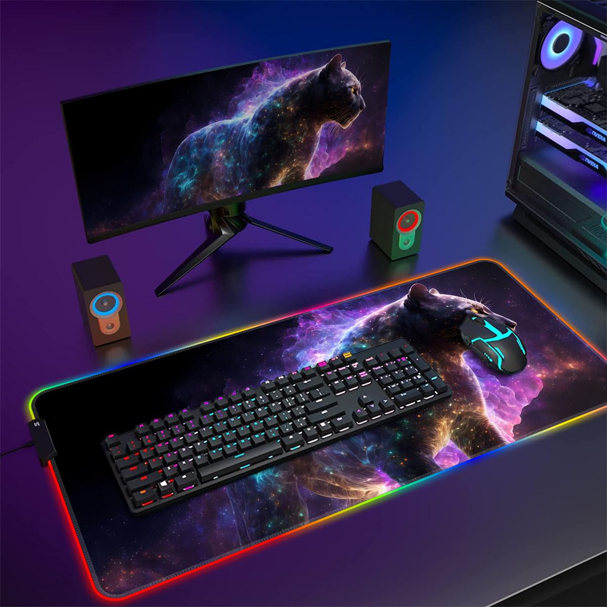 Grand Tapis de Souris de Jeu RGB XXL 14 Modes d'éclairage LED étendu pour Clavier, Tapis de Souris Souple pour Ordinateur Portable, PC, Bureau de Jeu, Animal panthère 15,7 x 35,4 Pouces